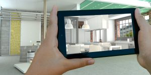 3D rendering of an interior construction site with a tablet showing the finished kitchen