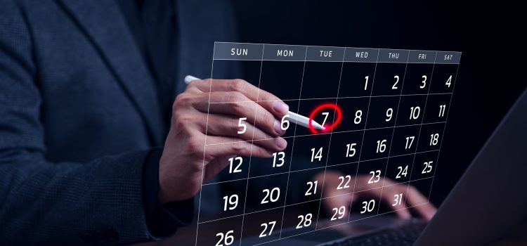 Calendar agenda Appointment meeting Schedule Concept Businessman using pen to writing circle red mark on virtual calendar Manage time for effective work Time management Planning Organizer